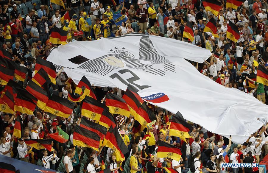 Fans of Germany display a giant team jersey prior to the 2018 FIFA World Cup Group F match between Germany and Sweden in Sochi, Russia, June 23, 2018. (Xinhua/Ye Pingfan)