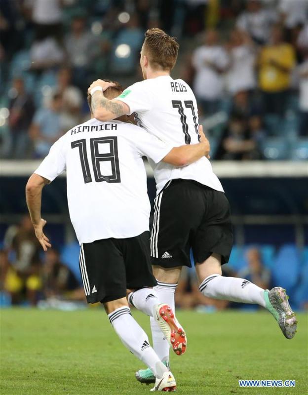 Marco Reus (R) of Germany celebrates his scoring during the 2018 FIFA World Cup Group F match between Germany and Sweden in Sochi, Russia, June 23, 2018. (Xinhua/Li Ming)