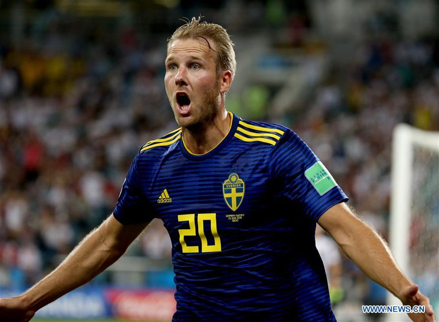 Ola Toivonen of Sweden celebrates his scoring during the 2018 FIFA World Cup Group F match between Germany and Sweden in Sochi, Russia, June 23, 2018. (Xinhua/Li Ming)