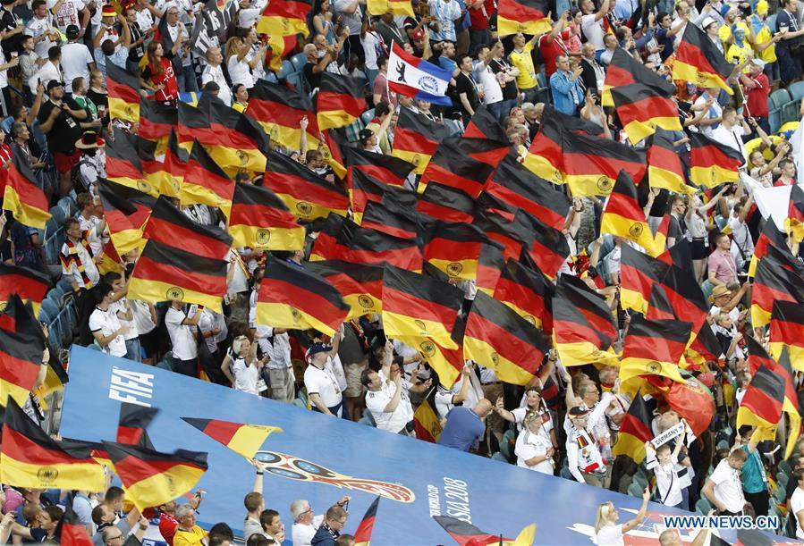 Fans of Germany cheer prior to the 2018 FIFA World Cup Group F match between Germany and Sweden in Sochi, Russia, June 23, 2018. (Xinhua/Ye Pingfan)