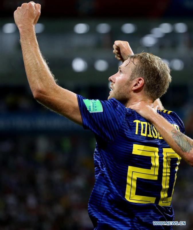 Ola Toivonen of Sweden celebrates his scoring during the 2018 FIFA World Cup Group F match between Germany and Sweden in Sochi, Russia, June 23, 2018. (Xinhua/Li Ming)