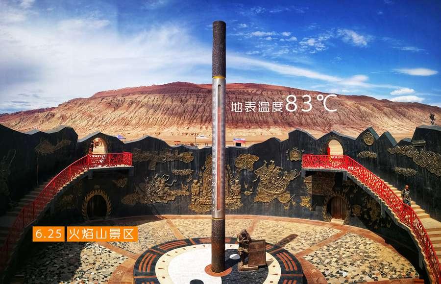 A huge thermometer shows ground surface temperature at 83 ℃ in a scenic area in Turpan, Xinjiang Uygur autonomous region, June 25, 2018. (Photo provided to chinadaily.com.cn)

A huge thermometer, 12 meters tall and 65 centimeters wide, measures the temperature. Located at the center of the scenic area, it is one of the favorite places for tourists to take photos.

Wang said the thermometer could measure surface temperature as high as 100 ℃, with margin of error within 0.5 degrees.