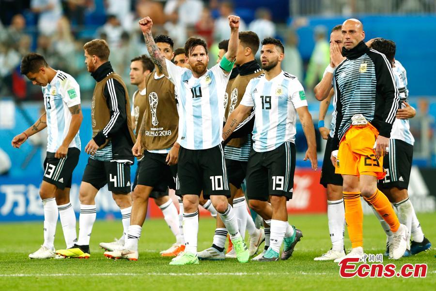 Argentina\'s Lionel Messi celebrates after the World Cup match between Nigeria and Argentina in Saint Petersburg Stadium, Saint Petersburg, Russia, June 26, 2018. Lionel Messi said on Tuesday he had not expected to suffer so much against Nigeria, but that he and his Argentina team mates were always confident about winning the crucial World Cup clash that secured them a place in the last 16. (Photo: China News Service/Fu Tian)