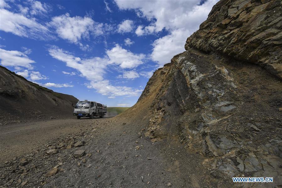 A vehicle runs on a driveway to transfer herdsmen\'s household items to the summer pasture on the Barlik Mountain in Yumin County, northwest China\'s Xinjiang Uygur Autonomous Region, June 22, 2018. Local herdsmen have transferred their livestock to summer pastures on the Barlik Mountain since late June and will stay here until September. Local authorities has devoted efforts in recent years to protect the ecological environment on the pasture and upgrade driveways to improve the infrastructure construction in the pasturing area. (Xinhua/Hu Huhu)