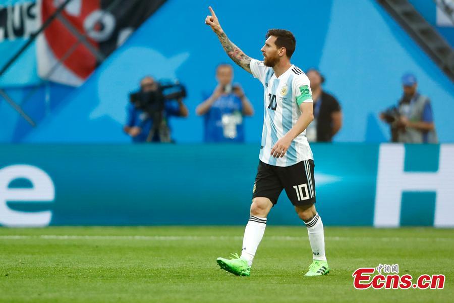 Argentina\'s Lionel Messi celebrates after the World Cup match between Nigeria and Argentina in Saint Petersburg Stadium, Saint Petersburg, Russia, June 26, 2018. Lionel Messi said on Tuesday he had not expected to suffer so much against Nigeria, but that he and his Argentina team mates were always confident about winning the crucial World Cup clash that secured them a place in the last 16. (Photo: China News Service/Fu Tian)
