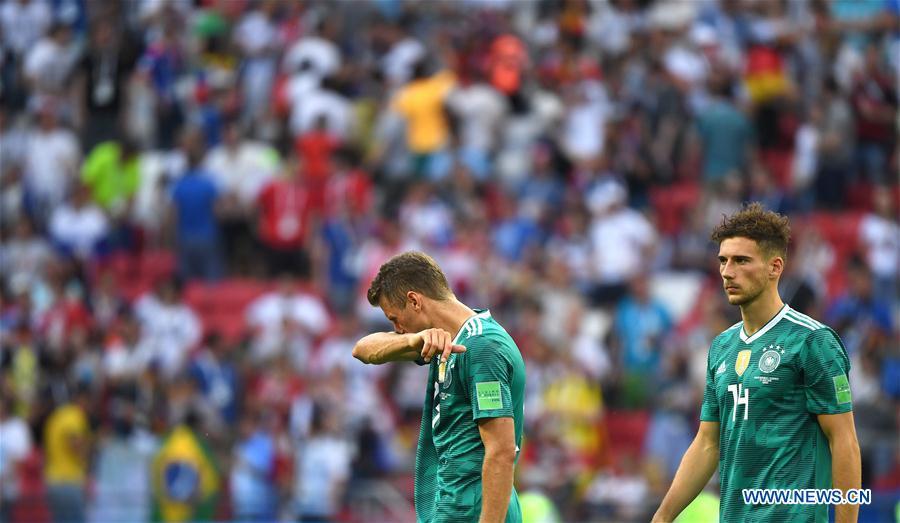 Thomas Mueller (L) of Germany reacts after the 2018 FIFA World Cup Group F match between Germany and South Korea in Kazan, Russia, June 27, 2018. South Korea won 2-0. (Xinhua/Li Ga)