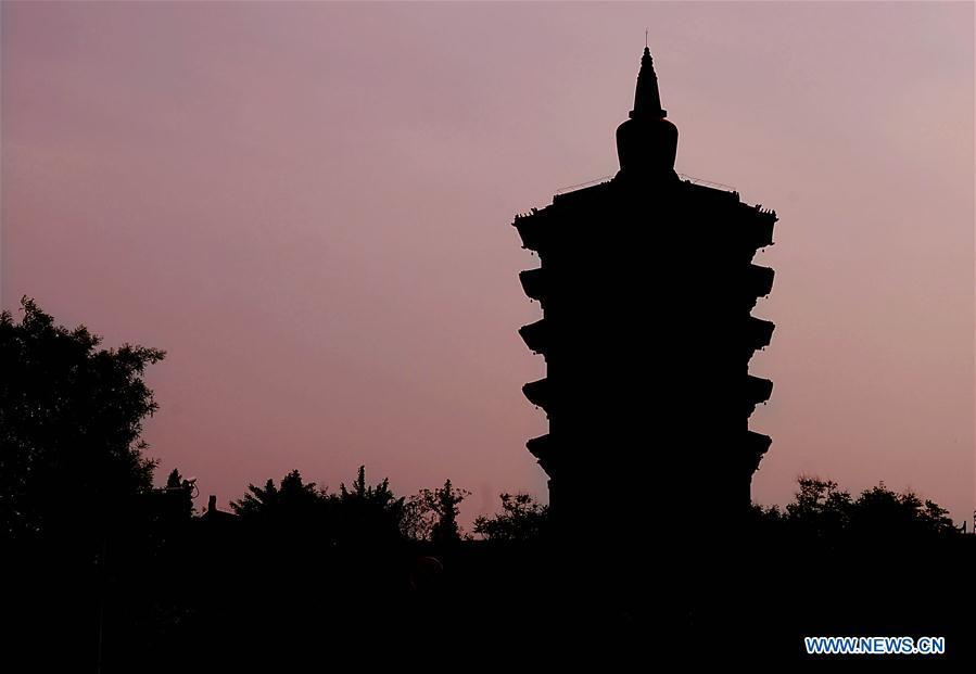 File photo taken on April 25, 2017 shows the the Pagoda of Tianning Temple in Anyang, central China\'s Henan Province. The pagoda has a history of over 1,000 years. Pagodas built in ancient times in Henan act not only as landmarks for sight-seeing, but also as observers of the Chinese history. (Xinhua/Li An)