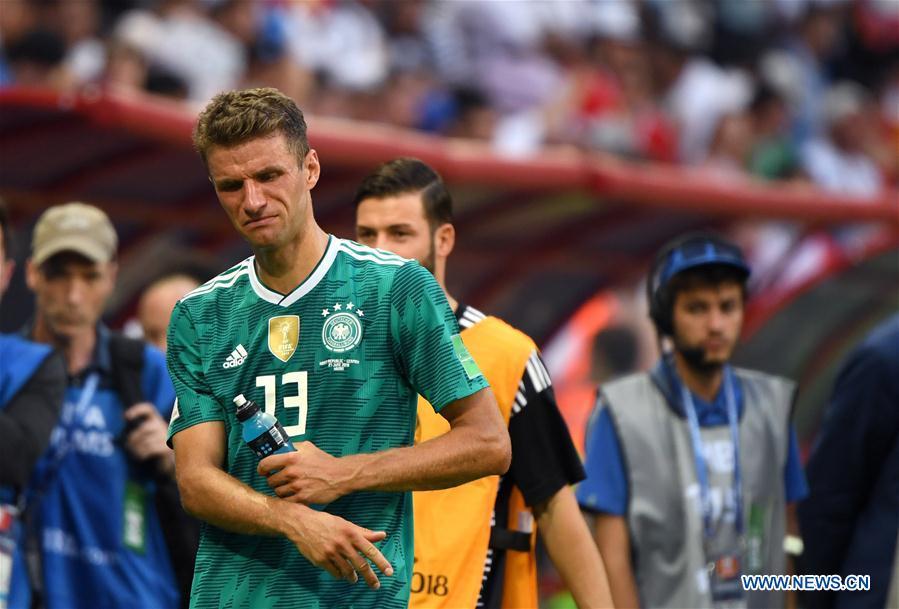 Thomas Mueller (front) of Germany reacts after the 2018 FIFA World Cup Group F match between Germany and South Korea in Kazan, Russia, June 27, 2018. South Korea won 2-0. (Xinhua/Li Ga)