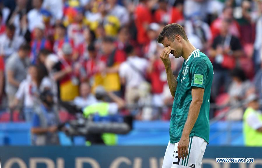 Thomas Mueller of Germany cries after the 2018 FIFA World Cup Group F match between Germany and South Korea in Kazan, Russia, June 27, 2018. South Korea won 2-0. (Xinhua/Li Ga)