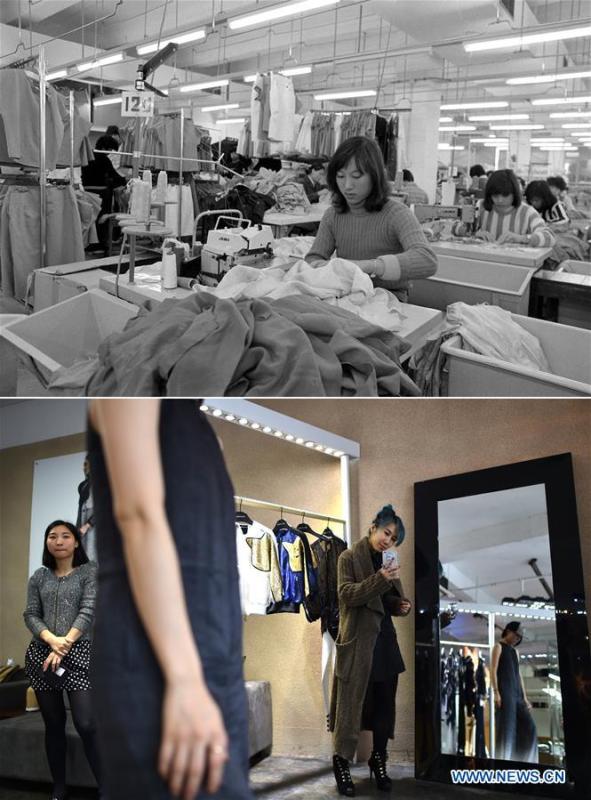 The upper part (file) of this combo photo taken by Duan Wenhua shows employees working at a clothing factory in Shenzhen, south China\'s Guangdong Province. The lower part of the combo photo taken by Mao Siqian on March 28, 2015 shows fashion designer Lu Yu (R) at her studio in Shenzhen. This year marks the 40th anniversary of China\'s reform and opening-up policy. Over the past four decades, Shenzhen has developed from a small fishing village to a metropolis. (Xinhua)