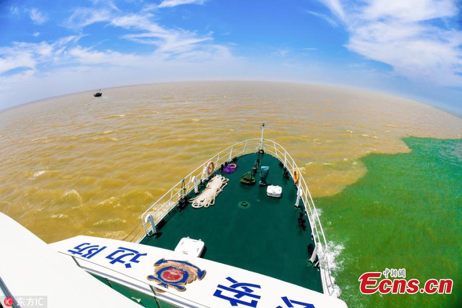 Muddy and clear waters converge in the Yellow River estuary in Dongying City, East China’s Shandong Province, June 24, 2018. (Photo/IC)