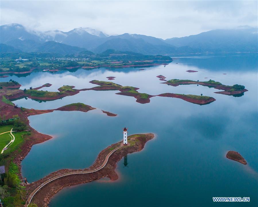 Aerial photo taken on Sept. 23, 2017 shows the scenery of the Qiandao Lake in Chun\'an County, east China\'s Zhejiang Province. Comprehensive progress has been made since the report delivered at the 18th National Congress of the Communist Party of China (CPC) in 2012 included ecological development as a major task in the country\'s overall plan and proposed building a \