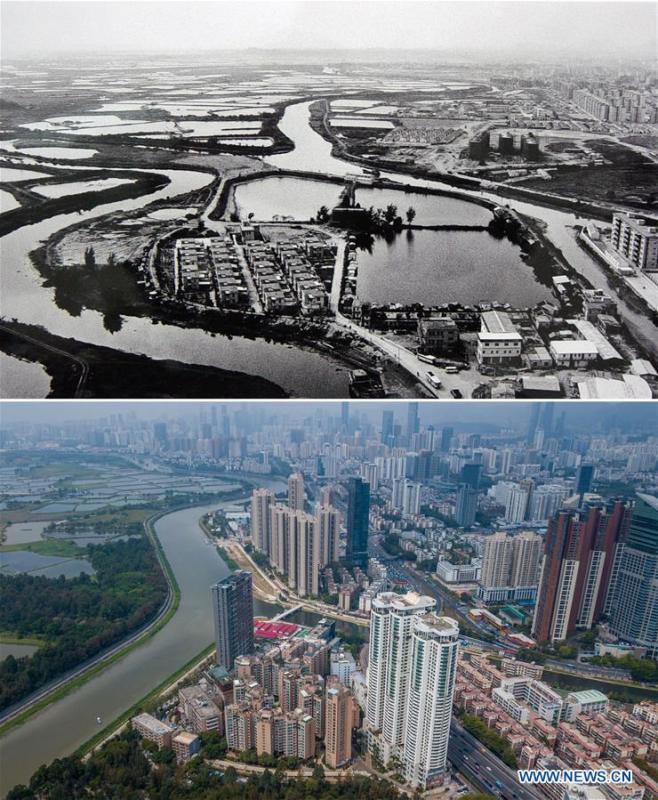 The upper part (file) of this combo photo shows the Yumin village in the 1980s in Shenzhen, south China\'s Guangdong Province. The lower part of the combo photo taken by Mao Siqian on March 26, 2018 shows a new look of the village. This year marks the 40th anniversary of China\'s reform and opening-up policy. Over the past four decades, Shenzhen has developed from a small fishing village to a metropolis. (Xinhua)