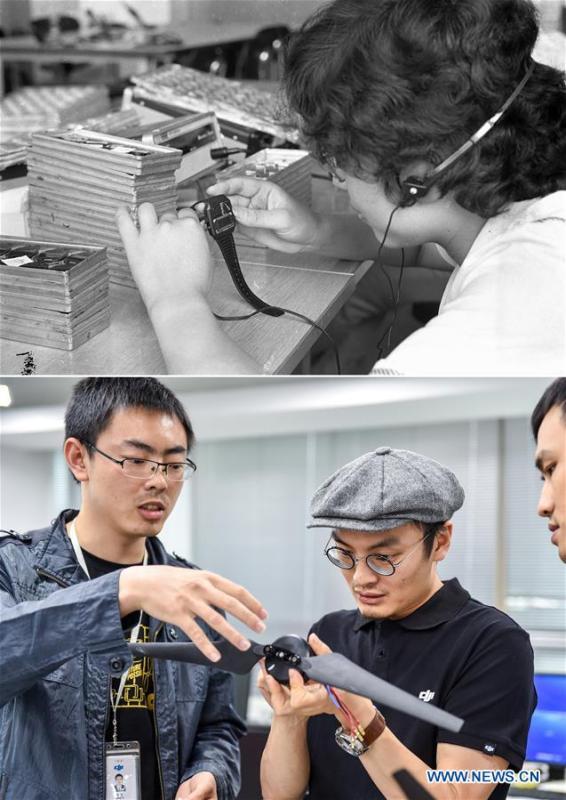 The upper part (file) of this combo photo taken by Li Changyong shows a worker producing an electronic watch at a factory in Shenzhen, south China\'s Guangdong Province. The lower part of the combo photo taken by Mao Siqian on May 22, 2015 shows founder of Da-Jiang Innovations (DJI) Wang Tao (C) discussing with research staff in Shenzhen. This year marks the 40th anniversary of China\'s reform and opening-up policy. Over the past four decades, Shenzhen has developed from a small fishing village to a metropolis. (Xinhua)