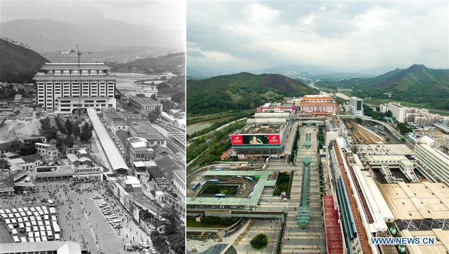 The left part (file) of this combo photo taken by Lo Ping Fai shows a joint inspection building in Shenzhen, south China\'s Guangdong Province. The right part of the combo photo taken by Mao Siqian on June 12, 2018 shows a joint inspection building zone of Luohu Port in Shenzhen. This year marks the 40th anniversary of China\'s reform and opening-up policy. Over the past four decades, Shenzhen has developed from a small fishing village to a metropolis. (Xinhua)