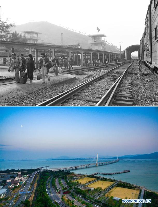 The upper part (file) of this combo photo taken by Li Changyong shows passengers at a port linking Shenzhen and Hong Kong, south China. The lower part of the combo photo taken by Mao Siqian on Feb. 9, 2017 shows a cross-sea bridge of Shenzhen Bay. This year marks the 40th anniversary of China\'s reform and opening-up policy. Over the past four decades, Shenzhen has developed from a small fishing village to a metropolis. (Xinhua)
