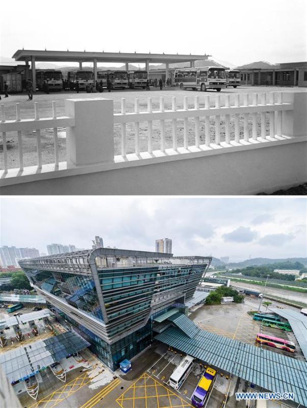 The upper part (file) of this combo photo taken by Chi Xingxu shows a parking lot of Wenjindu passenger port in Shenzhen, south China\'s Guangdong Province. The lower part of the combo photo taken by Mao Siqian on June 12, 2018 shows a passenger inspection building of Wenjindu port. This year marks the 40th anniversary of China\'s reform and opening-up policy. Over the past four decades, Shenzhen has developed from a small fishing village to a metropolis. (Xinhua)