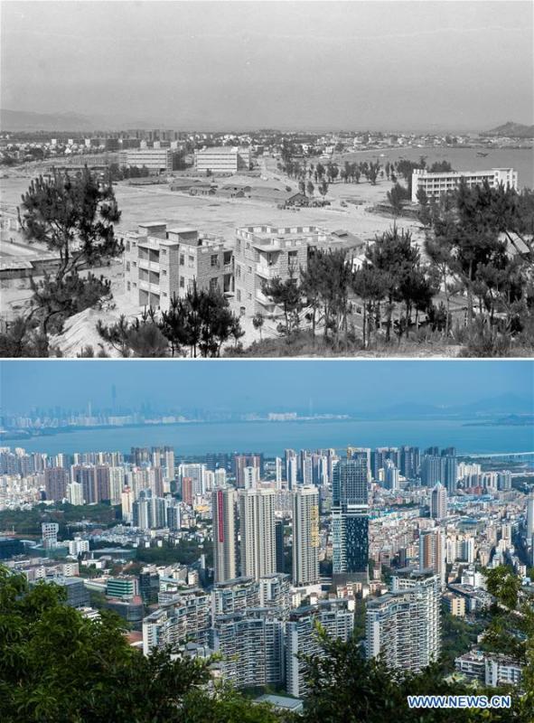The upper part (file) of this combo photo taken by Li Changyong shows Shekou industrial zone in Shenzhen, south China\'s Guangdong Province. The lower part of the combo photo taken by Mao Siqian on Feb. 26, 2015 shows Shekou area of China (Guangdong) Pilot Free Trade Zone in Shenzhen. This year marks the 40th anniversary of China\'s reform and opening-up policy. Over the past four decades, Shenzhen has developed from a small fishing village to a metropolis. (Xinhua)
