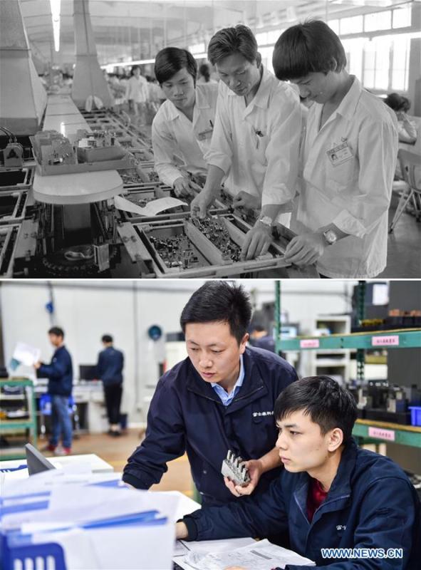The upper part (file) of this combo photo taken by Li Changyong shows an electronic equipment factory in Shenzhen, south China\'s Guangdong Province. The lower part of the combo photo taken by Mao Siqian on Feb. 27, 2018 shows workers at a factory of Foxconn Technology Group in Shenzhen. This year marks the 40th anniversary of China\'s reform and opening-up policy. Over the past four decades, Shenzhen has developed from a small fishing village to a metropolis. (Xinhua)