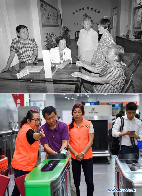 The upper part (file) of this combo photo taken by Zhou Jiaguo shows a volunteer doctor examining an aged woman at a community in Shenzhen, south China\'s Guangdong Province. The lower part of the combo photo taken by Mao Siqian on May 8, 2018 shows a volunteer helping a passenger use a smartphone-generated QR code to buy ticket in Shenzhen Metro. This year marks the 40th anniversary of China\'s reform and opening-up policy. Over the past four decades, Shenzhen has developed from a small fishing village to a metropolis. (Xinhua)
