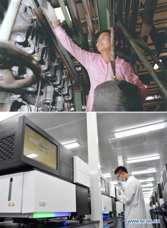 The upper part (file) of this combo photo taken by Yang Shaoming shows a woman working at a dyeing factory in Shenzhen, south China\'s Guangdong Province. The lower part of the combo photo taken by Mao Siqian on July 13, 2017 shows a researcher working at China National GeneBank in Shenzhen. This year marks the 40th anniversary of China\'s reform and opening-up policy. Over the past four decades, Shenzhen has developed from a small fishing village to a metropolis. (Xinhua)