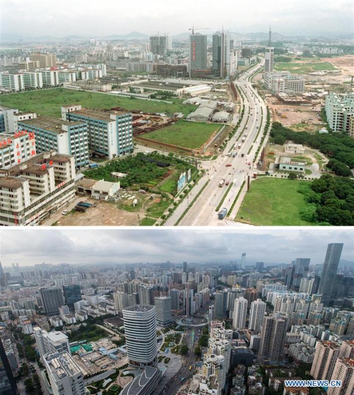 The upper part (file) of this combo photo taken by Zhang Yiwen shows Nanyou development zone in Shenzhen, south China\'s Guangdong Province. The lower part of the combo photo taken by Mao Siqian on June 20, 2018 shows a new look of the area. This year marks the 40th anniversary of China\'s reform and opening-up policy. Over the past four decades, Shenzhen has developed from a small fishing village to a metropolis. (Xinhua)