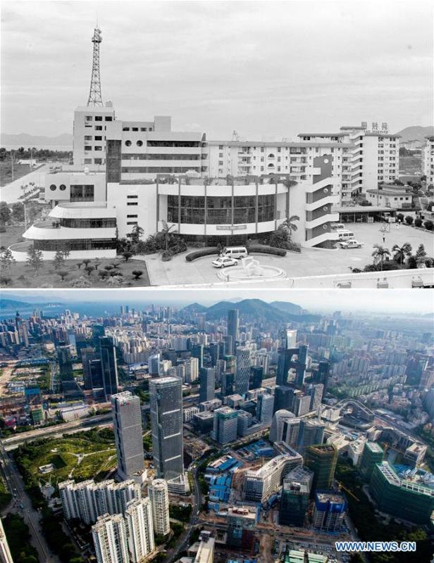 The upper part (file) of this combo photo taken by Huang Jianqiu shows a science park in Shenzhen, south China\'s Guangdong Province. The lower part of the combo photo taken by Mao Siqian on July 27, 2016 shows a science park zone in Shenzhen. This year marks the 40th anniversary of China\'s reform and opening-up policy. Over the past four decades, Shenzhen has developed from a small fishing village to a metropolis. (Xinhua)