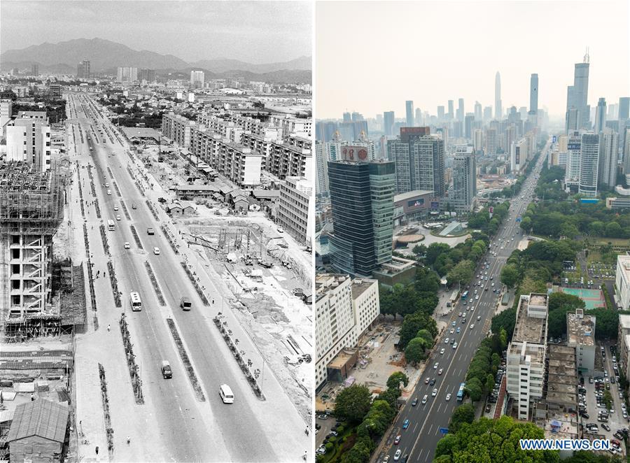 The left part (file) of this combo photo taken by Li Changyong shows Shennan Road in Shenzhen, south China\'s Guangdong Province. The right part of the combo photo taken by Mao Siqian shows the same road on May 23, 2018. This year marks the 40th anniversary of China\'s reform and opening-up policy. Over the past four decades, Shenzhen has developed from a small fishing village to a metropolis. (Xinhua)