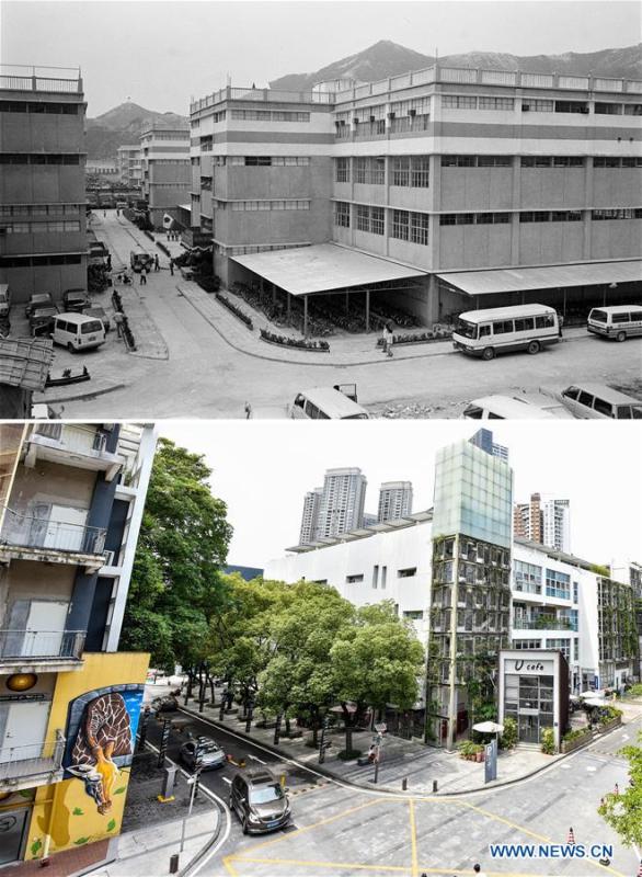 The upper part (file) of this combo photo taken by Li Changyong shows a plant of SANYO in Shenzhen, south China\'s Guangdong Province. The lower part of the combo photo taken by Mao Siqian on June 20, 2018 shows a new look of the SANYO plant. It has been transformed into a creative industrial zone. This year marks the 40th anniversary of China\'s reform and opening-up policy. Over the past four decades, Shenzhen has developed from a small fishing village to a metropolis. (Xinhua)