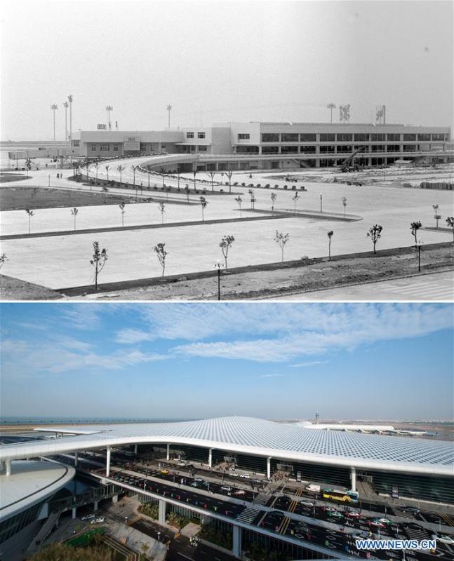 The upper part (file) of this combo photo taken by Pan Jiamin shows an old terminal of Shenzhen airport in south China\'s Guangdong Province. The lower part of the combo photo taken by Mao Siqian on Nov. 28, 2013 shows a new terminal of the airport in Shenzhen. This year marks the 40th anniversary of China\'s reform and opening-up policy. Over the past four decades, Shenzhen has developed from a small fishing village to a metropolis. (Xinhua)