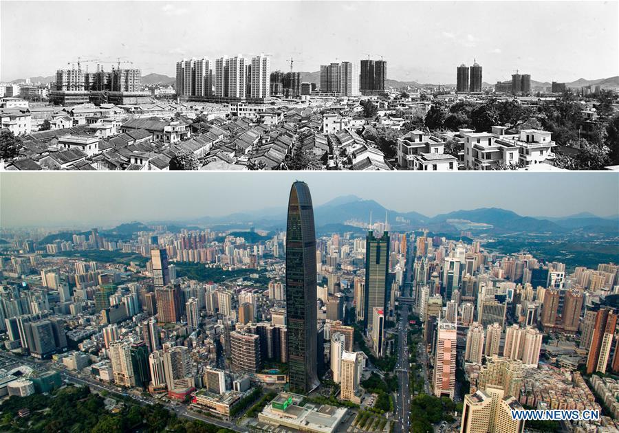 The upper part (file) of this combo photo taken by Li Changyong shows a view of Luohu District under construction in Shenzhen, south China\'s Guangdong Province. The lower part of the combo photo taken by Mao Siqian on May 23, 2018 shows a new look of the district. This year marks the 40th anniversary of China\'s reform and opening-up policy. Over the past four decades, Shenzhen has developed from a small fishing village to a metropolis. (Xinhua)