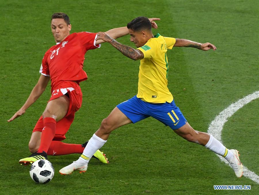Philippe Coutinho (R) of Brazil vies with Nemanja Matic of Serbia during the 2018 FIFA World Cup Group E match between Brazil and Serbia in Moscow, Russia, June 27, 2018. Brazil won 2-0 and advanced to the round of 16. (Xinhua/Wang Yuguo)

Most consistent player

Brazil have failed to impress overall but one player to shine for the Selecao is Philippe Coutinho, the team\'s best player in each of their three matches to date. Deployed in a deeper midfield role, the 26-year-old has by some distance completed more passes than any other Brazil player (200). He has also scored two goals and provided a sublime assist for Paulinho in Brazil\'s 2-0 win over Serbia.