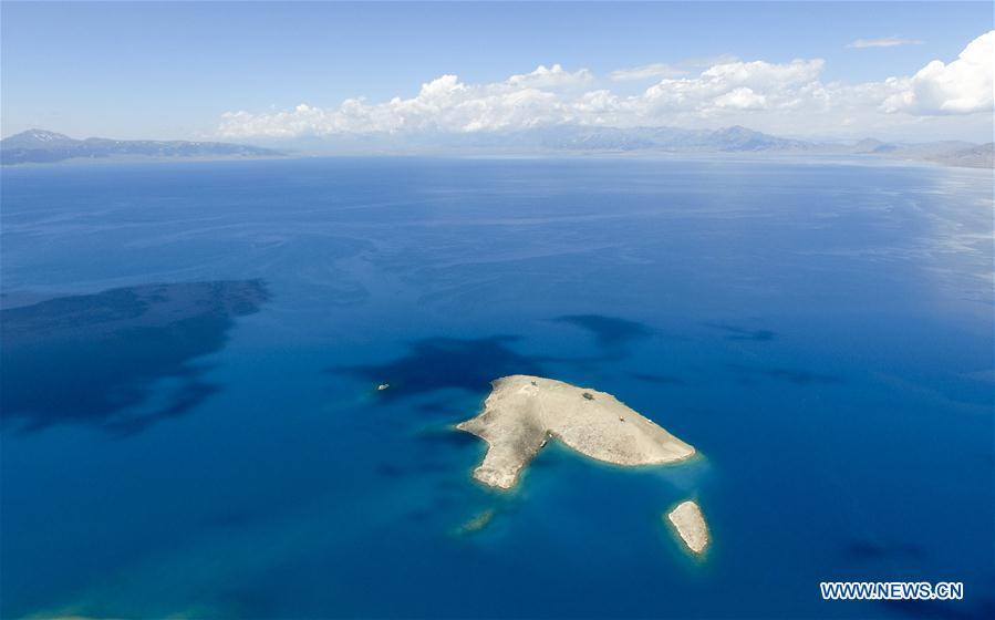 Aerial photo taken on June 29, 2018 shows the Sayram Lake in northwest China\'s Xinjiang Uygur Autonomous Region. (Xinhua/Zhao Ge)