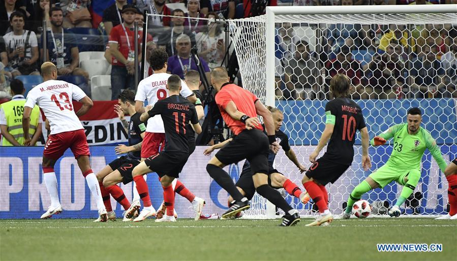 Mathias Jorgensen (1st L) of Denmark shoots to score during the 2018 FIFA World Cup round of 16 match between Croatia and Denmark in Nizhny Novgorod, Russia, July 1, 2018. (Xinhua/He Canling)