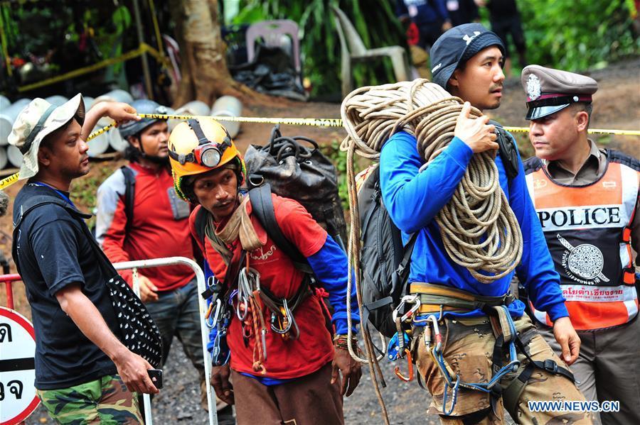 Rescuers search for the 12 teenagers and their football coach who went missing in Mae Sai, Chiang Rai province, in northern Thailand, July 2, 2018. Twelve teenagers and their football coach, trapped in a cave in northern Thailand for nine days, have been found alive on Monday night, Narongsak Osottanakorn, governor of Chiang Rai province said. (Xinhua/Rachen Sageamsak)