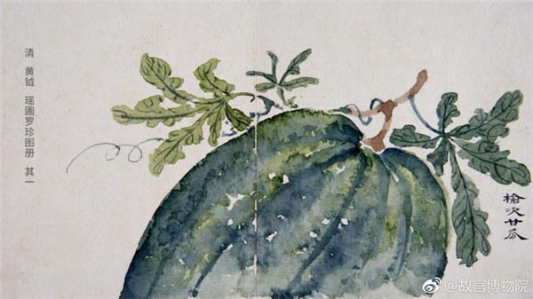 A painting by Qing Dynasty artist Huang Yue portrays a watermelon. (Photo/Official Weibo account of the Palace Museum)