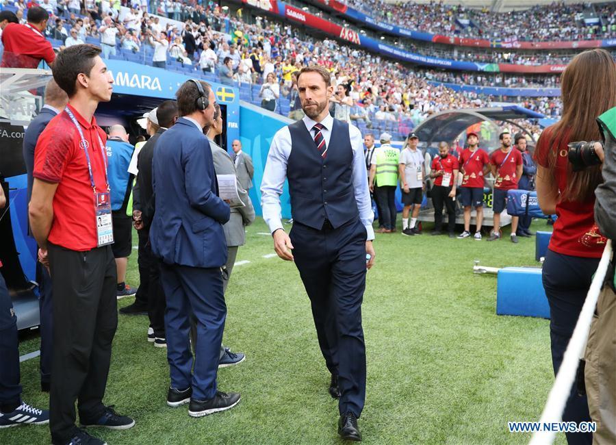 Head coach Gareth Southgate (C) of England is seen prior to the 2018 FIFA World Cup quarter-final match between Sweden and England in Samara, Russia, July 7, 2018. (Xinhua/Li Ming)