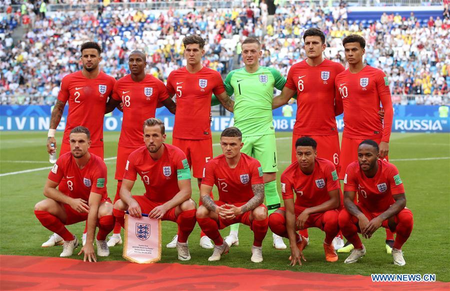 Players of England pose for a group photo prior to the 2018 FIFA World Cup quarter-final match between Sweden and England in Samara, Russia, July 7, 2018. (Xinhua/Li Ming)