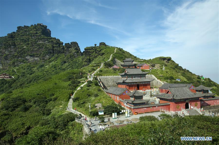 Photo taken on Aug. 29, 2016 shows the scenery of Mount Fanjingshan in Tongren City, southwest China\'s Guizhou Province. Mount Fanjingshan was inscribed on the World Heritage List on July 2, 2018 at the 42nd World Heritage Committee meeting in Bahrain. The ecosystem of Fanjingshan has preserved large numbers of ancient relict plants, rare and endangered creatures, as well as unique species. (Xinhua/Yao Lei)