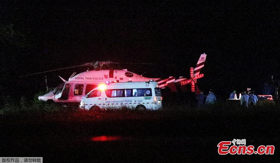 A Royal Thai Police helicopter carrying rescued schoolboys lands at a military airport in the northern province of Chiang Rai, Thailand, July 8, 2018. Four boys have exited a flooded cave in northern Thailand where they have been trapped for more than two weeks, a senior member of rescue operation’s medical team said on Sunday. (Photo/Agencies)