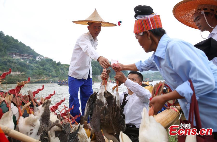 Miao people celebrate the dragon boat festival in Qingshui River, Taijiang County, Southwest China’s Guizhou Province, July 8, 2018. The dragon boat of the Miao is rather special. It is commonly made from a large fir or phoenix tree. Before the contest, villagers will offer chicken and duck to pray for luck and prosperity. The local festival was recognized as a national intangible cultural heritage in 2008. (Photo: China News Service/Huang Xiaohai)