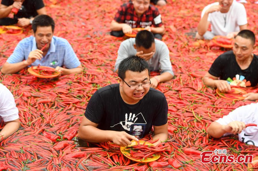 Participants chew chili peppers while immersed in a pool filled with peppers during a contest in Ningxiang City, Central China’s Hunan Province, July 8, 2018. Tang Shuaihui, a local resident, swallowed 50 chili peppers in one minute to win first prize. (Photo: China News Service/Yang Huafeng)