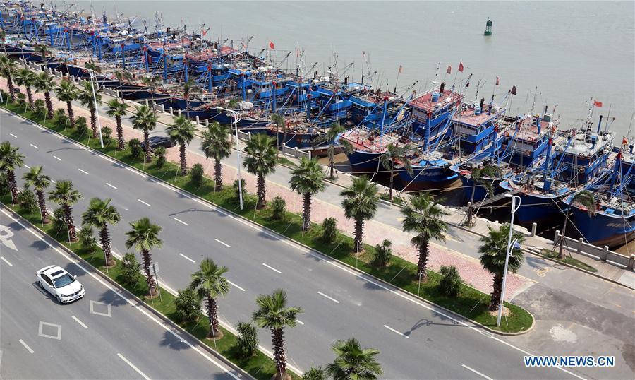 Fishing boats are seen at berth at a harbor in Quanzhou City, southeast China\'s Fujian Province, July 9, 2018. A yellow-level alert has been issued and third-level emergency response has been activated to cope with approaching typhoon Maria, the eighth typhoon this year, in China\'s coastal provinces. (Xinhua/Zhang Jiuqiang)
