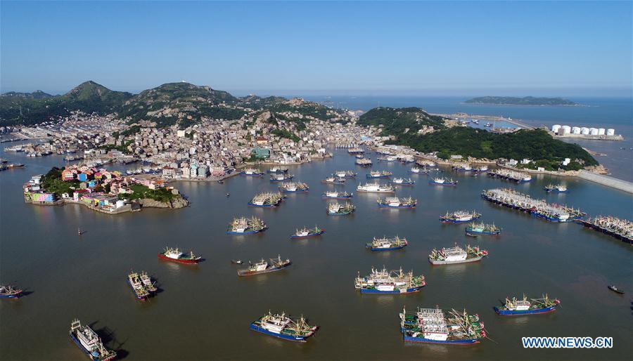 Aerial photo taken on July 9, 2018 shows fishing boats at berth at Ruoshan harbor in Wenling City, east China\'s Zhejiang Province. A yellow-level alert has been issued and third-level emergency response has been activated to cope with approaching typhoon Maria, the eighth typhoon this year, in China\'s coastal provinces. (Xinhua/Zhou Xuejun)