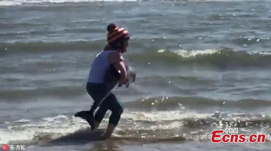 Jenni Hanninen, from Finland, is seen in action saving a baby dolphin stranded on Seapoint beach in Louth, Ireland on June 30, 2018. She was out horse riding on Seapoint Beach with two friends when they spotted the animal washed up on the shore. Jenni picked up the mammal and carried it out to the water before releasing it into the wild once again. (Photo/IC)