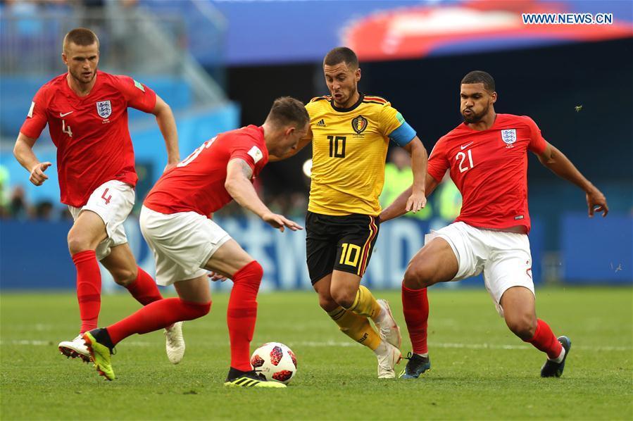 Eden Hazard (2nd R) of Belgium breaks through with the ball during the 2018 FIFA World Cup third place play-off match between England and Belgium in Saint Petersburg, Russia, July 14, 2018. (Xinhua/Lu Jinbo)