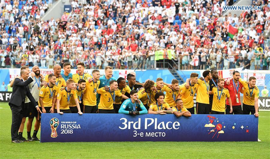 Members of team Belgium pose for photos after the 2018 FIFA World Cup third place play-off match between England and Belgium in Saint Petersburg, Russia, July 14, 2018. Belgium defeated England 2-0 and won the third place of the 2018 FIFA World Cup. (Xinhua/Li Ga)