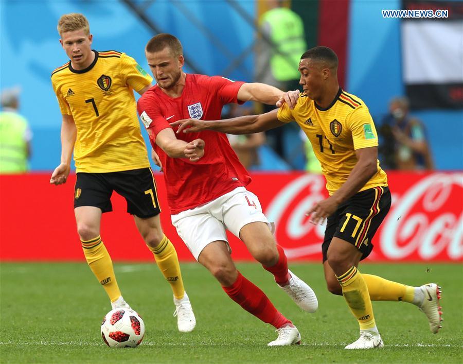 Eric Dier (C) of England vies with Youri Tielemans (R) of Belgium during the 2018 FIFA World Cup third place play-off match between England and Belgium in Saint Petersburg, Russia, July 14, 2018. (Xinhua/Lu Jinbo)