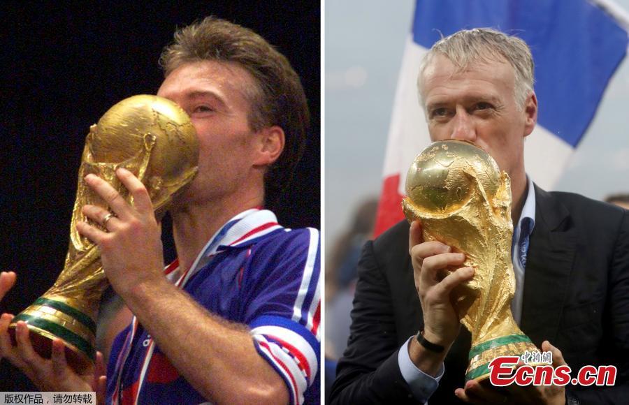 A combination picture shows Didier Deschamps kissing the World Cup winner trophy as French soccer team captain on July 12, 1998 (L) at the Stade de France in Saint-Denis, France, and as French soccer team coach on July 15, 2018 (R) at Luzhniki Stadium in Moscow, Russia. (Photo/Agencies)