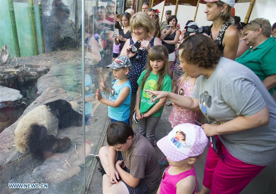 People visit Panda Passage at the Calgary Zoo in Calgary, Canada, on July 16, 2018. After moving to the Calgary Zoo from Toronto in March, giant panda cubs Jia Panpan, Jia Yueyue, their mother Er Shun and male adult giant panda Da Mao are expected to attract lots of visitors in the summer holiday. (Xinhua/Zou Zheng)